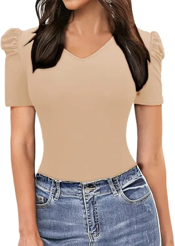 Vista 2 de SEBOWEL Body de manga corta para mujer, cuello redondo, básico, camisas, leotardo, mameluco, traje de cuerpo