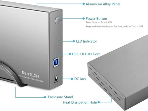 Vista 5 de RSHTECH Caja de disco duro SATA de aluminio de 3,5 pulgadas+caja de disco duro externo RSHTECH de 3,5 pulgadas USB 3.0 a SATA