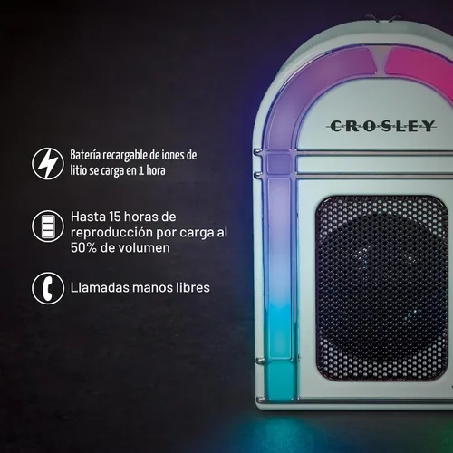 Vista 2 de Crosley CR3046A-AB Mini Jukebox Altavoz Bluetooth portátil con luces LED y micrófono, azul aguamarina