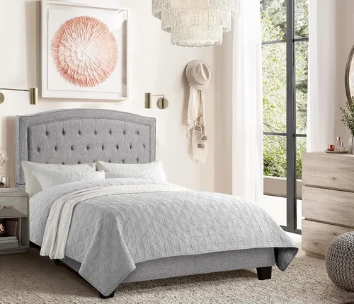 Vista 7 de Rosevera Layla - Marco de cama de panel con cabecera ajustable con botones para dormitorio/tapizado de lino, soporte de listones de madera/fácil