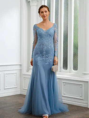 Vista 2 de Vestidos de fiesta de sirena para mujer, con apliques de encaje, tul de manga larga, vestido de noche formal