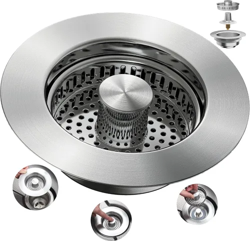 Vista 10 de Colador de drenaje para fregadero de cocina 3 en 1, tapón de fregadero desplegable de acero inoxidable 304, tapón de drenaje antiobstrucción, Negro