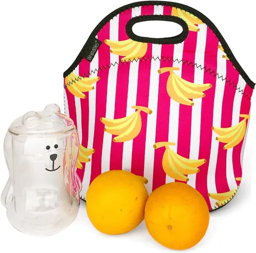 Vista 2 de allydrew Bolsa de almuerzo de neopreno aislada con cremallera para lonchera, plátanos y rayas