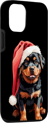 Vista 3 de iPhone 15 Divertido Rottweiler Navidad lindo cachorro con sombrero de Navidad caso