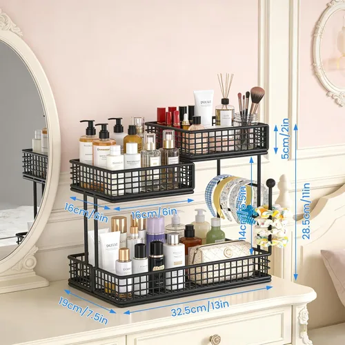 Vista 3 de Organizador de maquillaje para tocador, organizador de encimera de baño de metal de 3 niveles, soporte de almacenamiento para el cuidado de la piel