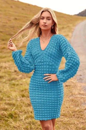 Vista 3 de PRETTYGARDEN Vestido ajustado de manga larga abombada con cuello en V para mujer
