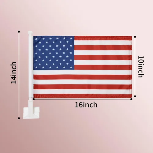 Vista 2 de Paquete de 2 banderas de automóvil, bandera de Estados Unidos para exteriores con bandera estadounidense y mástil, el clip para ventana con logotipo