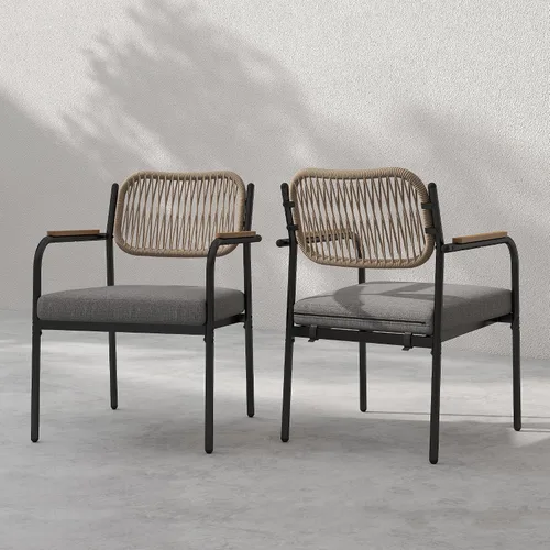 Vista 13 de Juego de 2 sillas de comedor para exteriores, sillas de comedor de mimbre para patio con cojines extraíbles, silla de mesa rectangular para patio