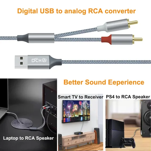 Vista 4 de DCHAV Cable adaptador de audio USB a RCA de 4 pies tipo A a 2 RCA macho 2RCA y divisor en Y, cable trenzado de nailon, interfaz rojo y blanco