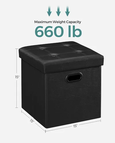 Vista 3 de Otomana plegable por Songmics, cubo de almacenamiento de 15 pulgadas con agujero y asa, piel sintética, Madera, Negro