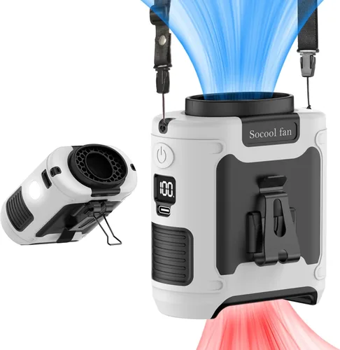Vista 17 de Socool - Ventilador portátil de 10 000 mAh, clip para cinto, batería recargable, 5 velocidades, linterna, para el cuello, manos libres, 40 horas
