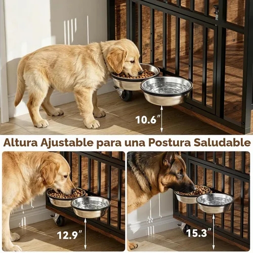 Vista 4 de Muebles de jaula para perros grandes y resistentes con cuencos y ruedas giratorios de 360°