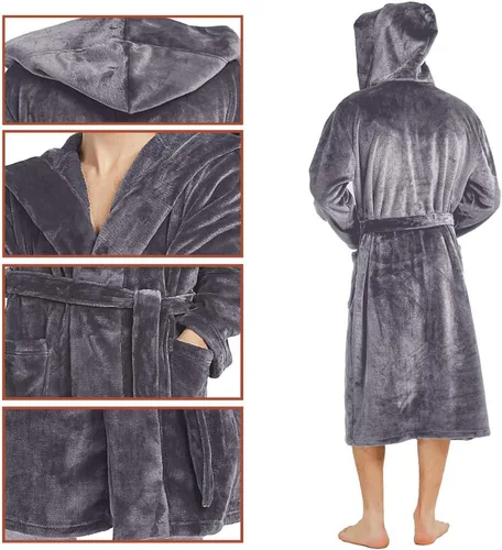 Vista 5 de Bata de felpa de vellón con capucha para hombre, bata de baño larga suave y cálida