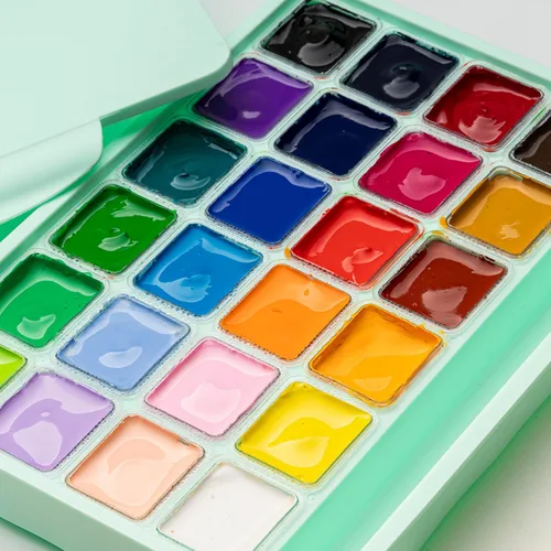 Vista 5 de HIMI Juego de pinturas gouache con 3 pinceles, 24 colores, 30 g, diseño de cápsula de gelatina, pintura no tóxica para lienzo y papel, suministros