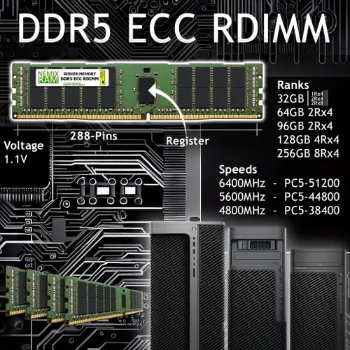 Vista 2 de NEMIX RAM Memoria de servidor registrado RDIMM ECC ECC RDIMM de 16 GB (1X16GB) DDR5 5600 MHz PC5-44800 1Rx8 1.1V CL46 288-PIN ECC RDIMM