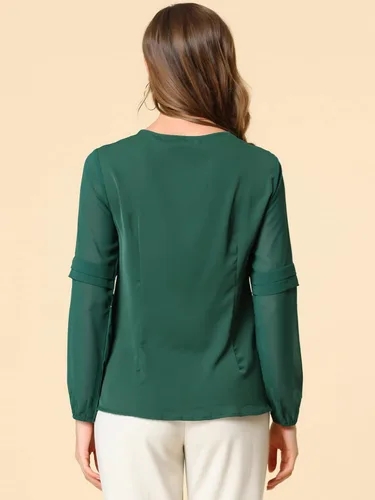 Vista 5 de Allegra K Blusa elegante de gasa para mujer, de manga larga, con cuello de ojo de cerradura