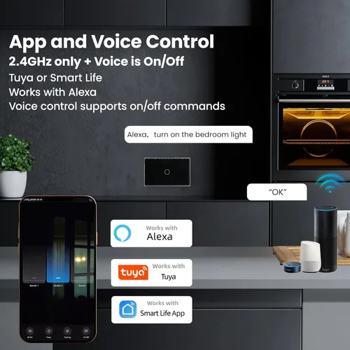 Vista 4 de Interruptor de luz inteligente de monitoreo de energía WiFi, 1 botón de un solo polo, requiere cable neutro, 2.4 GHz, compatible con Alexa