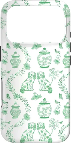 Vista 29 de Funda para iPhone XS Max Preppy Green & White Toile Chinoiserie Dogs and Ginger Jars