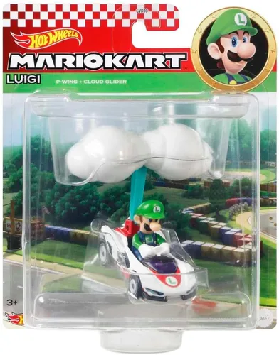 Vista 4 de Hot Wheels Mario Kart Luigi fundido a presión en P-Wing Kart con Cloud Glider