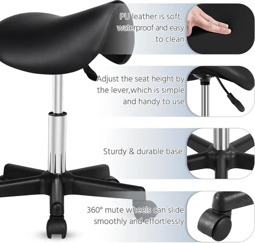 Vista 5 de Yaheetech Taburete con ruedas con ruedas, silla de salón ajustable, color Negro