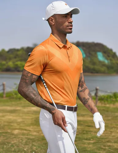 Vista 2 de Derminpro Polo de golf de manga corta con cuello elástico para hombre, de secado rápido