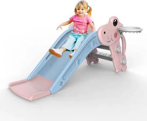 Vista 7 de Tobogán para niños pequeños, juego de tobogán para niños pequeños para interiores y exteriores con pelota y aro, y pasos antideslizantes, regalo