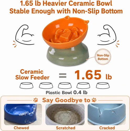 Vista 4 de Ceramic Slow Feeder Cat Bowl, 15-Degree Tilted Non-Slip Orange