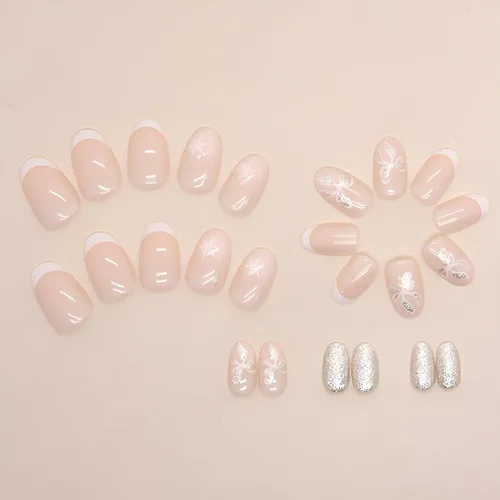 Vista 3 de Uñas postizas a presión de Navidad, cortas, medianas, almendra, arco de copo de nieve francés, juego de uñas postizas acrílicas de cobertura