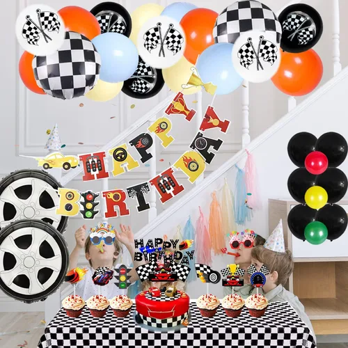 Vista 3 de Dos globos para decoración de fiesta de cumpleaños de autos de carreras rápidas, globos rojos y decoración de tartas, estrellas a cuadros negros