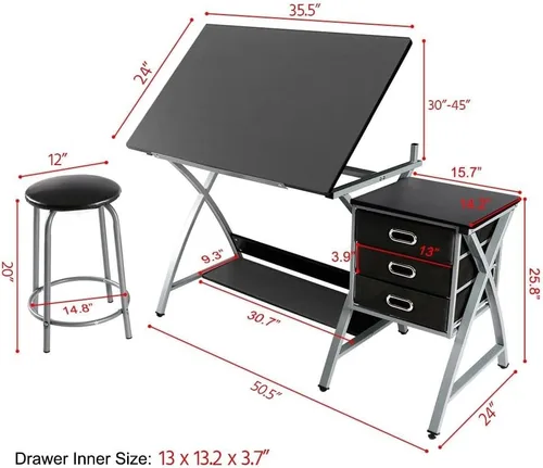 Vista 3 de Yaheetech Escritorio de dibujo, mesa de dibujo para artistas/adultos, escritorio de arte con taburete y 3 cajones deslizantes, estación de trabajo