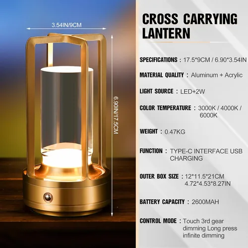 Vista 5 de Lámpara de mesa portátil de metal, lámpara de mesa inalámbrica, luces recargables alimentadas por batería, lámparas de mesa LED, atenuación continua