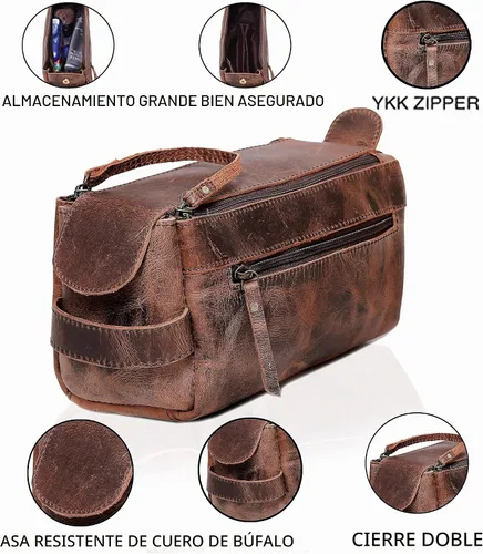 Vista 4 de Bolsa de aseo unisex de cuero de búfalo genuino, hecha con cuero de búfalo de alta calidad Marrón