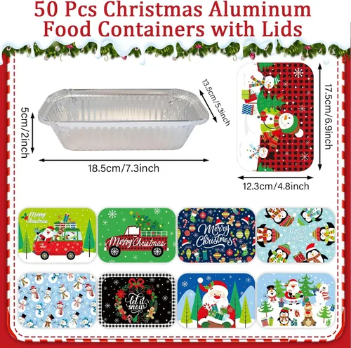 Vista 4 de 50 recipientes de aluminio para galletas de Navidad, con tapas, desechables con cubiertas de cartón con temática navideña, moldes para hornear
