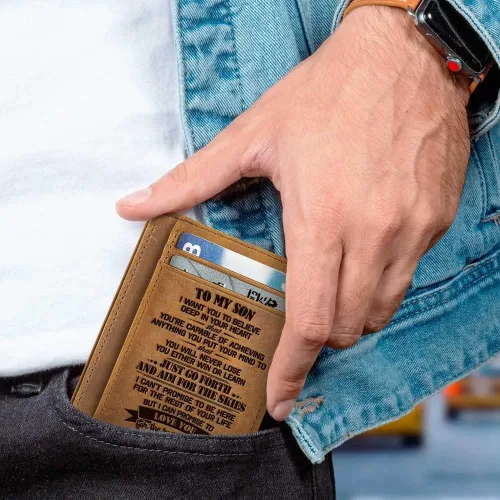 Vista 3 de Cartera de cuero para hombre Grabado regalo de Navidad y graduación para hijo, cartera delgada con bolsillo frontal, DX-VL3K-MZ9M, Minimalista