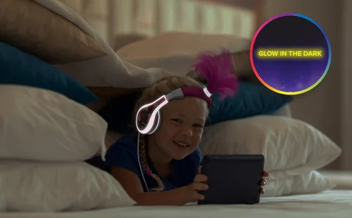 Vista 2 de Trolls World Tour Poppy - Auriculares para niños, brillan en la oscuridad, sonido estéreo, conector de 0.138 in, auriculares con cable para niños