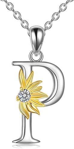 Vista 10 de POPLYKE Collar de girasol con inicial para mujer, plata de ley 925, colgante de girasol, cadena con dije de letra inicial