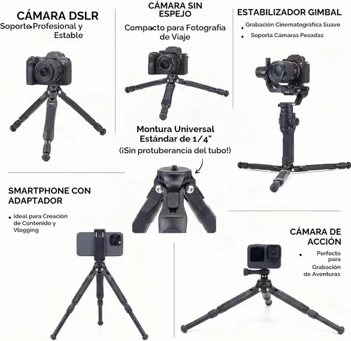 Vista 5 de Zeadio Trípode de cámara ajustable, trípode portátil de viaje de aluminio de mesa, altura ajustable de 3 etapas, capacidad de carga de 11.0 lbs