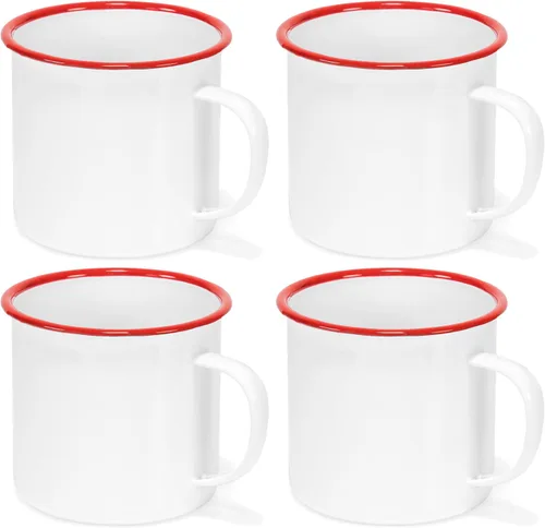 Vista 9 de Red Co. Enamelware - Taza redonda de metal para café y té de 22 onzas con asa, borde blanco y rojo sólido
