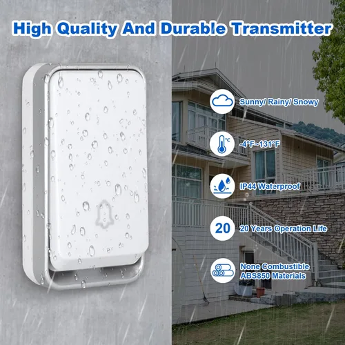 Vista 4 de AURTEC Timbre inalámbrico impermeable, transmisor autoalimentado, no requiere batería, receptor de flash LED enchufable, kit de timbre de puerta