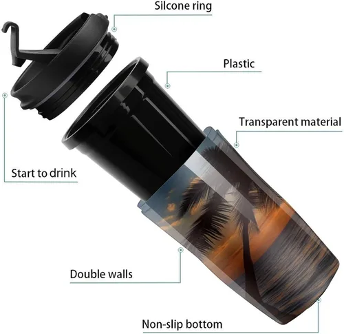 Vista 3 de Sunset Palm Tree Ocean Coffee Cup Hot Coffee Travel Mug Reusable Iced Coffee Cups Double Heat Insulation Coffee Mug with Leak-Proof Lid Stylish