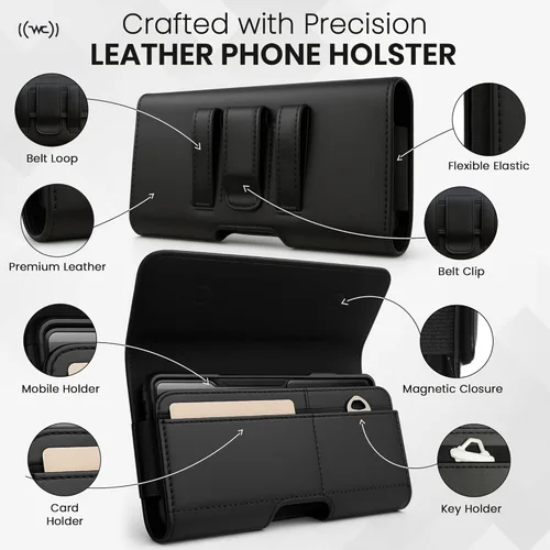 Vista 4 de Wireless City Funda de cuero para iPhone 17 Pro, 17, 16 Pro, 16e, 15, 15 Pro, 14, 13, 12, 11, X, XR, XS - Funda con clip para cinturón para hombres