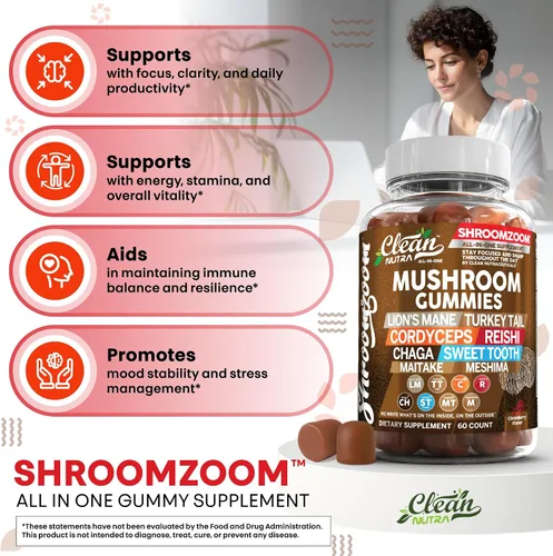 Vista 8 de Gomitas de hongos 15 en 1 con melena de león, cola de pavo Cordyceps Reishi Chaga Sweet Toot Maitake Meshima Poria Cocos Shiitake Tremella, hongos