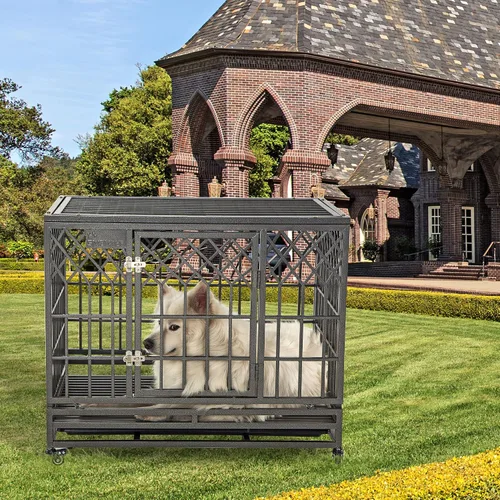 Vista 7 de SMONTER - Jaula resistente para perros, para perros grandes, caseta de metal fuerte y jaula, corralito con tres puertas, cuatro ruedas, 38 pulgadas