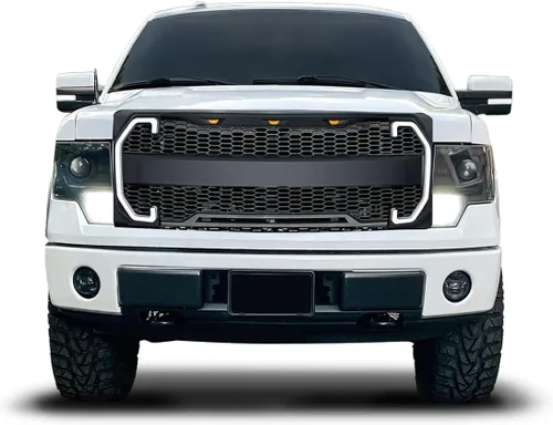 Vista 6 de EOMD Parrilla frontal compatible con F150 2009-2014 con DRL y luces de señal de giro, color negro mate