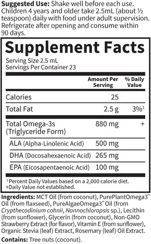 Vista 5 de Garden of Life Kids Plant Omega-3 Liquid, fresa - Soporte vegano para el cerebro y los ojos para niños, suplemento de ALA, DHA y EPA para niños a