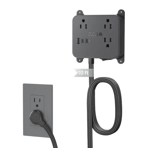 Vista 13 de TROND Regleta de alimentación de enchufe plano, cable de extensión corto de 3 pies con 3 salidas de CA, estación de carga de montaje en pared con 2