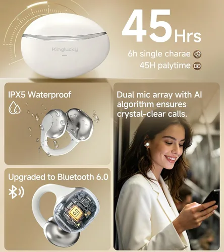 Vista 7 de Kinglucky Auriculares con clip, auriculares inalámbricos Bluetooth 6.0 de Blanco
