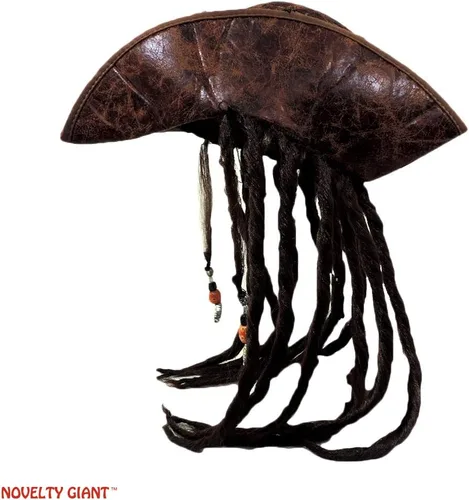 Vista 3 de Disfraz de pirata caribeño marrón envejecido, sombrero de tres maíz para adulto con rastas y parche en los ojos, Marrón, rojo
