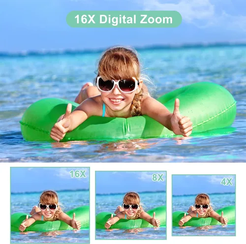 Vista 3 de Cámara digital FHD 1080P para niños, tarjeta SD de 32 GB, zoom 16X, punto y disparo compacto, portátil (verde)
