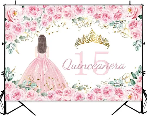 Vista 2 de Sensfun Telón de fondo de quinceañera con texto en inglés "Mis Quince Anos", decoración de cumpleaños de 15 años, flores rosadas, corona dorada